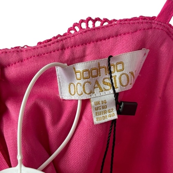 BOOHOO OCCASION HOT PINK STRAPPY CROCHET LACE V-NECK SKATER MIDI COCKTAIL DRESS - Picture 9 of 11